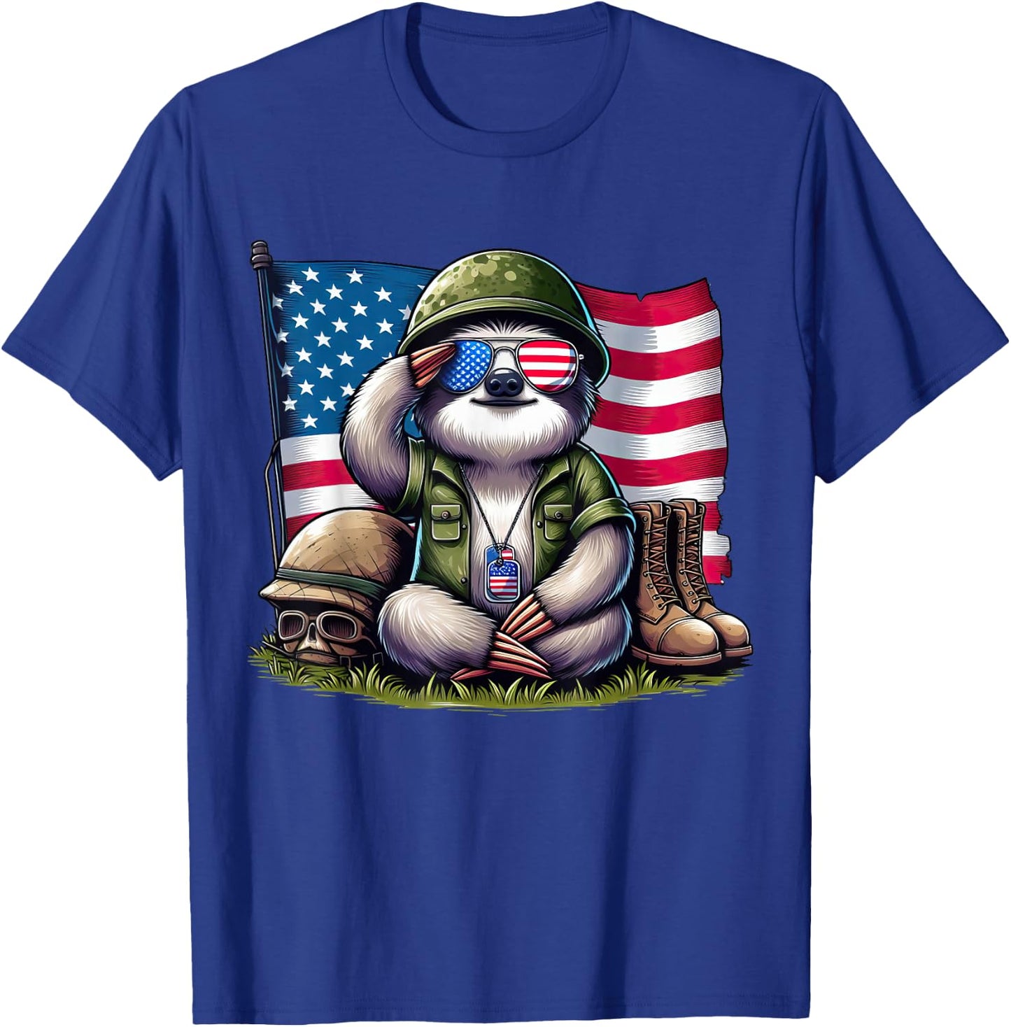 Salute Sloth American USA Flag Memorial Day 4th of July T-Shirt - T-Shirt | Royal