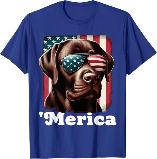 Merica Chocolate Lab Flag USA Patriotic 4th of July Labrador T-Shirt - T-Shirt | Royal