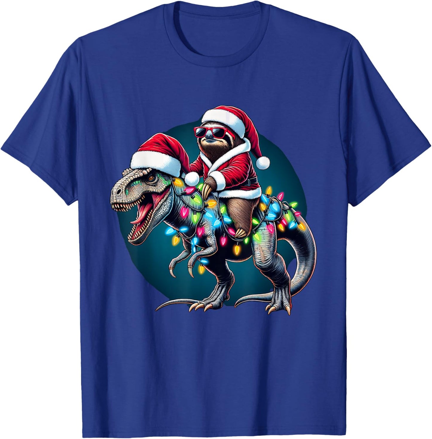 Christmas Lights Sloth Riding T Rex T-Shirt - T-Shirt | Royal
