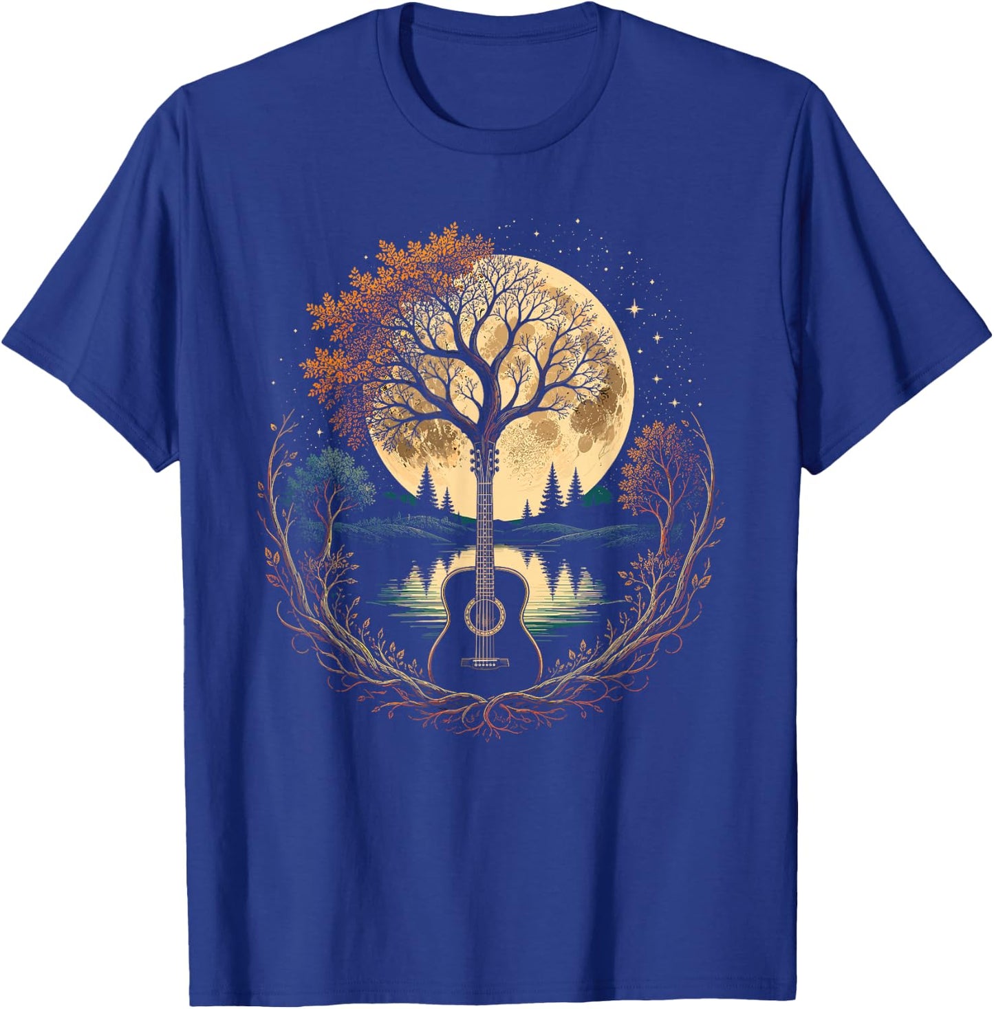 Acoustic Guitar Tree By The Lake Autumn Moon T-Shirt - T-Shirt | Royal