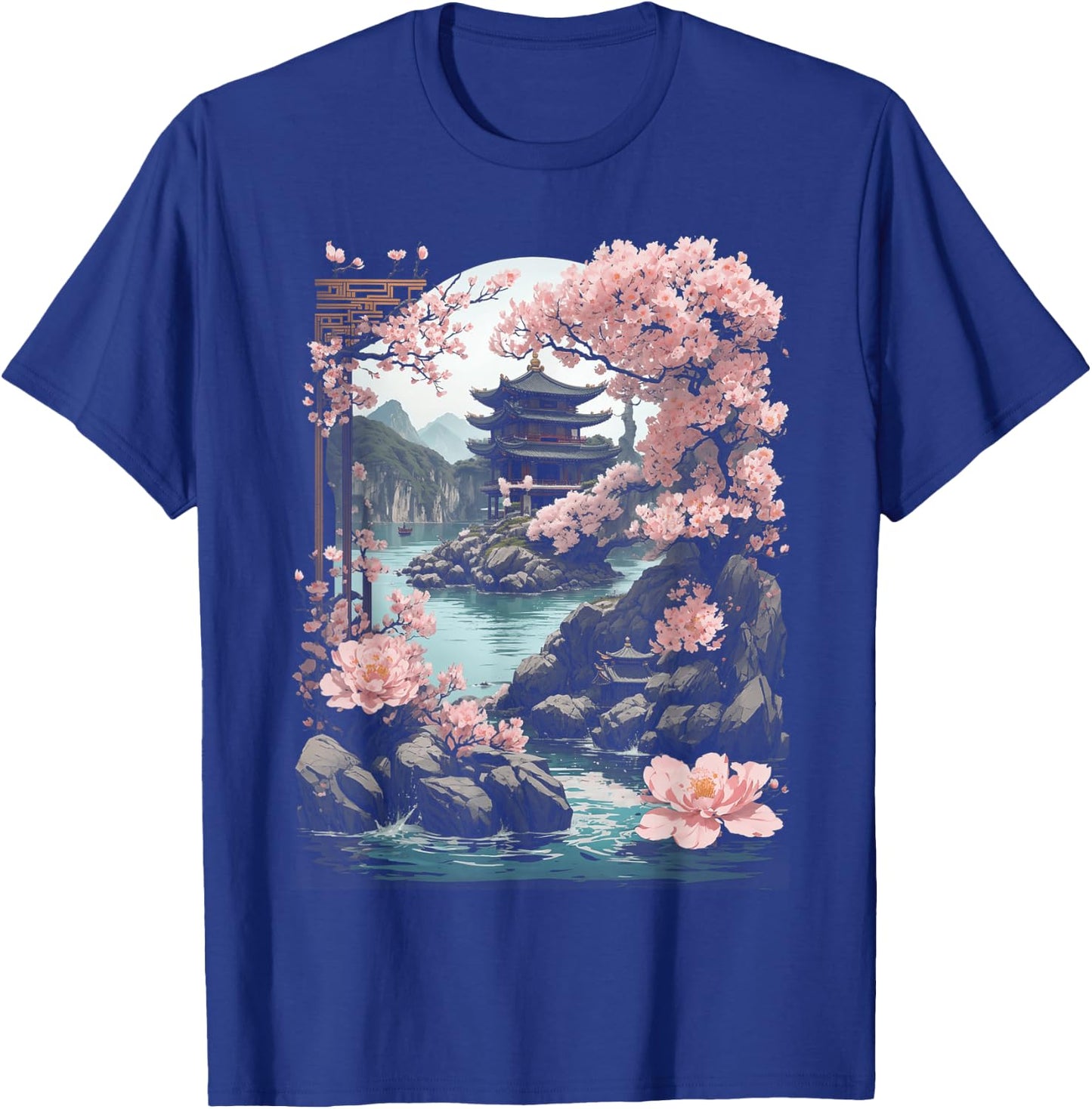 Japanese Chinese Temple Sakura Cherry Blossom Landscape , black T-Shirt - T-Shirt | Royal