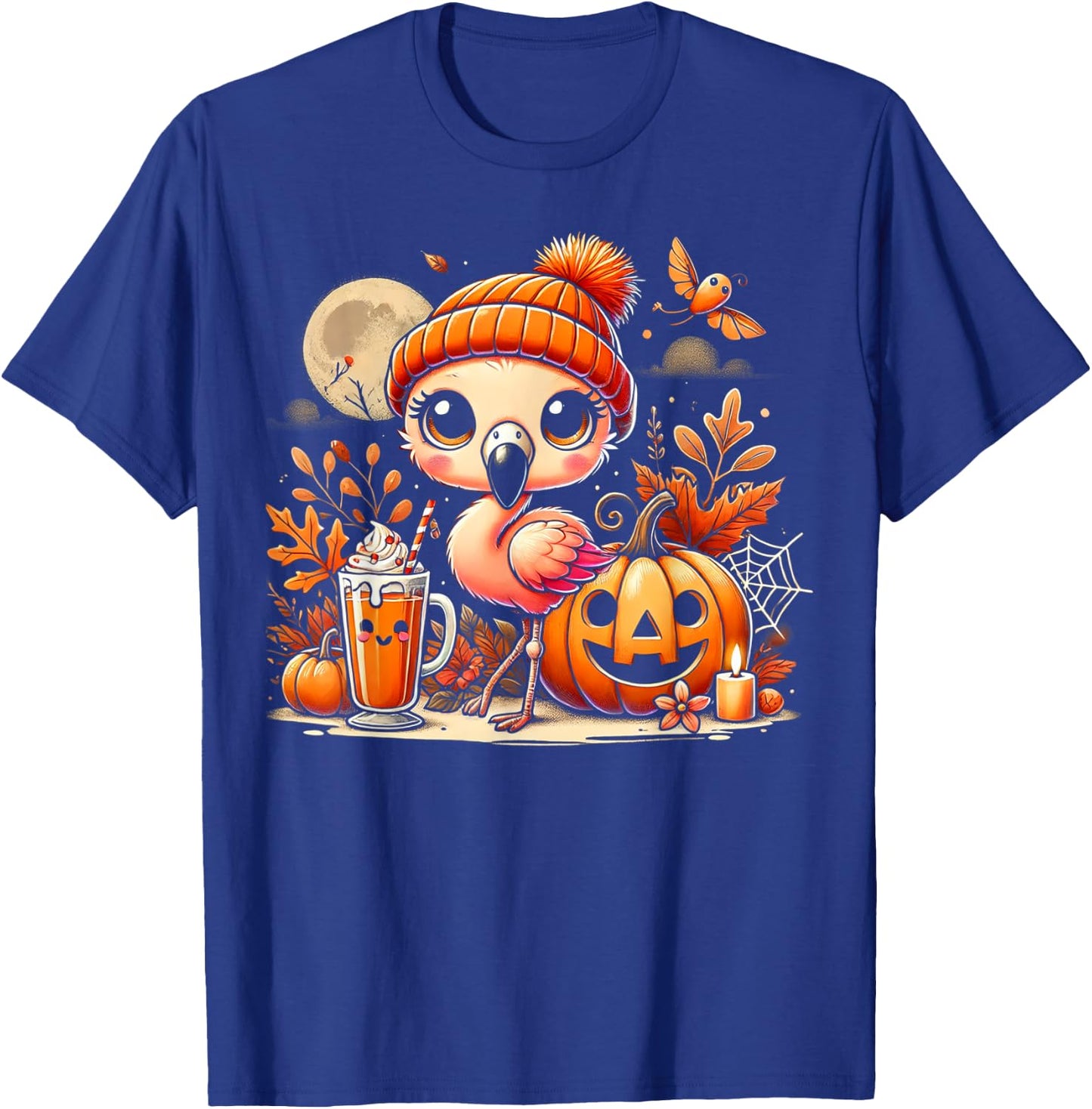 Cute flamingo in Autumn with Pumpkin Drink T-Shirt - T-Shirt | Royal