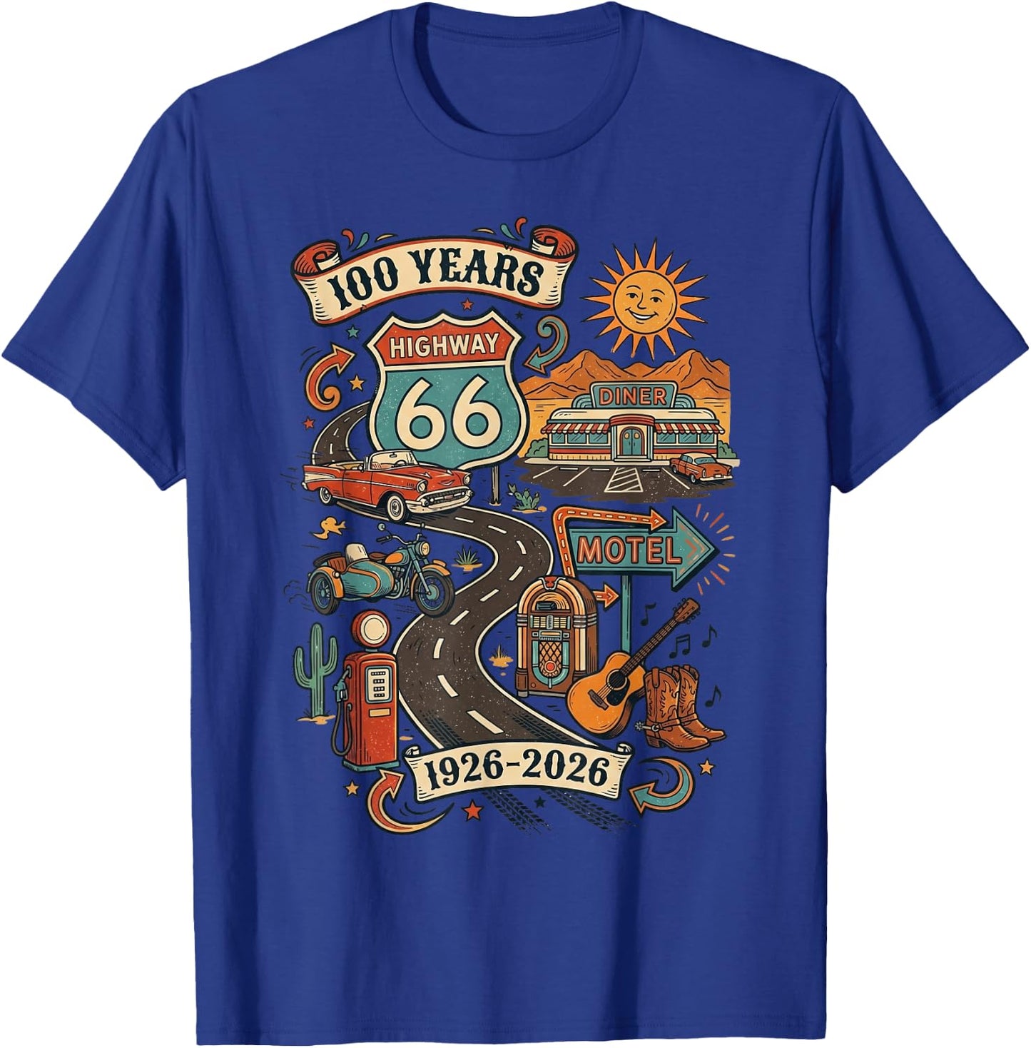 Highway 66 100 Years Centennial 1926-2026 Road Trip Vintage T-Shirt - T-Shirt | Royal