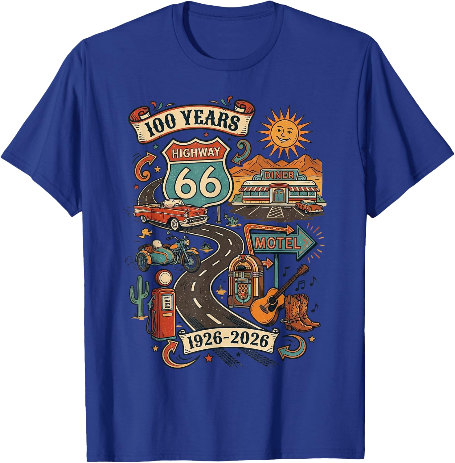 Highway 66 100 Years Centennial 1926-2026 Road Trip Vintage T-Shirt - T-Shirt | Royal