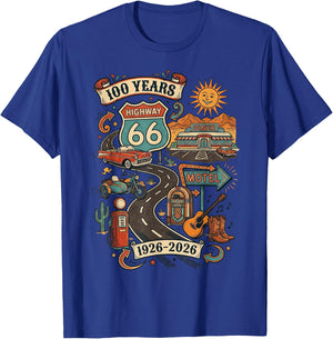 Highway 66 100 Years Centennial 1926-2026 Road Trip Vintage T-Shirt - T-Shirt | Royal