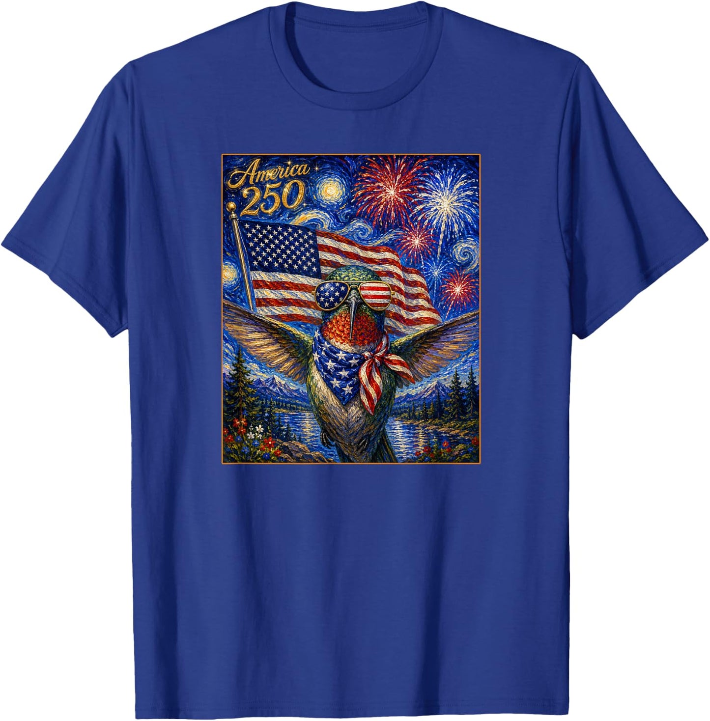 Hummingbird Art on America 250 4th of July USA Flag Bird T-Shirt - T-Shirt | Royal
