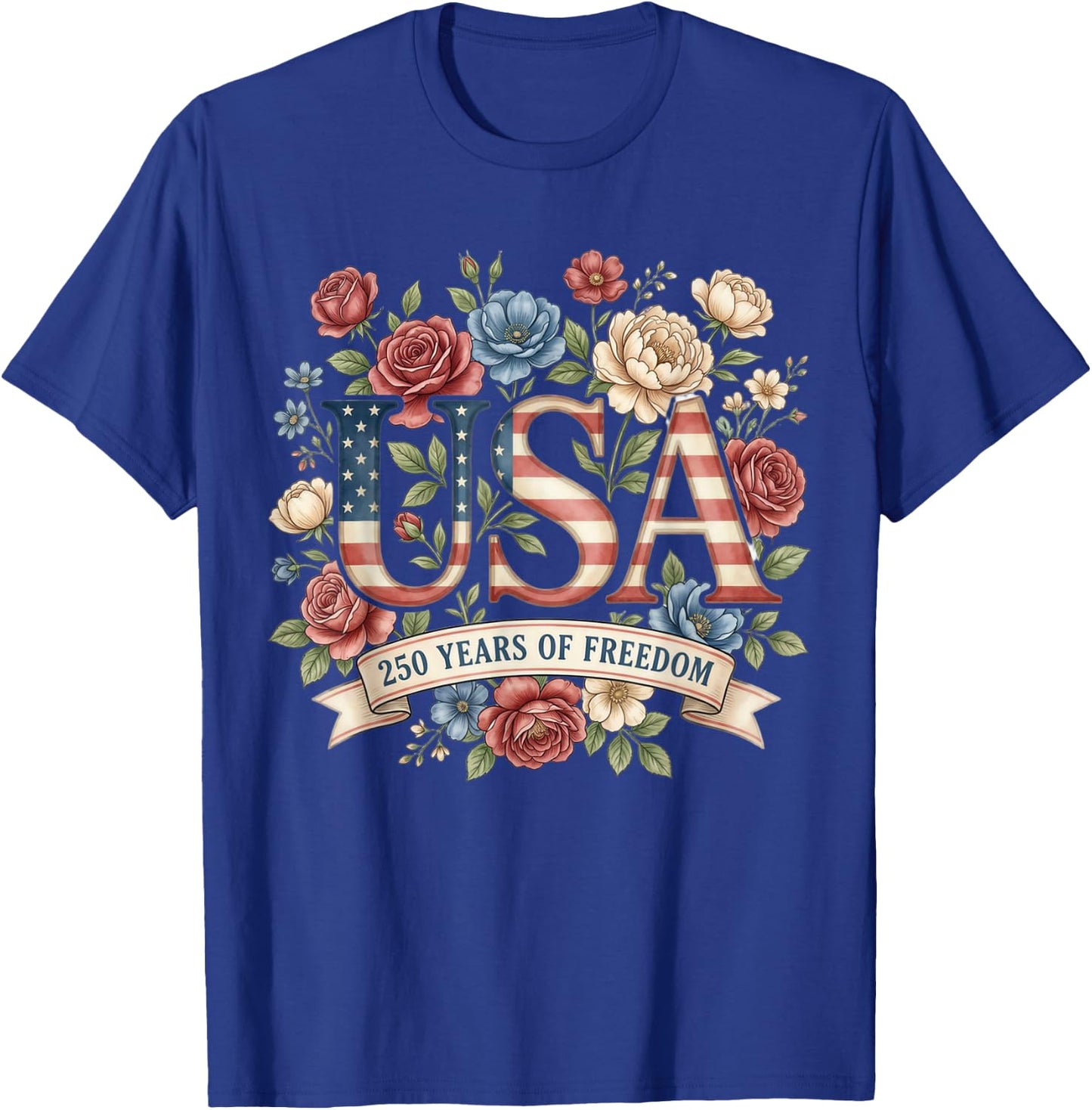 250 Years America Anniversary Flowers USA 250th Birthday T-Shirt - T-Shirt | Royal
