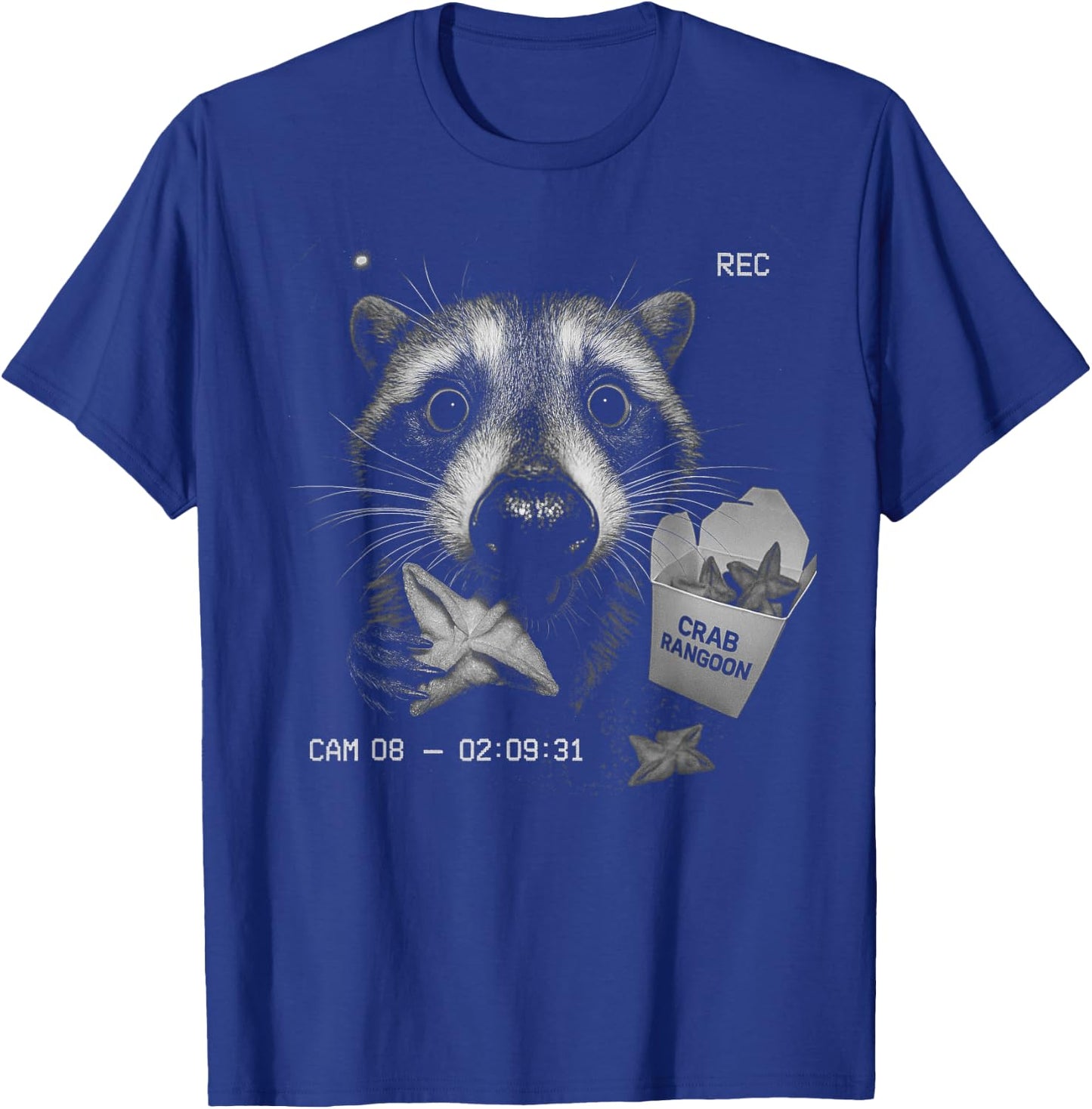 Funny Raccoon Eating Crab Rangoon Feral Security Camera Joke T-Shirt - T-Shirt | Royal