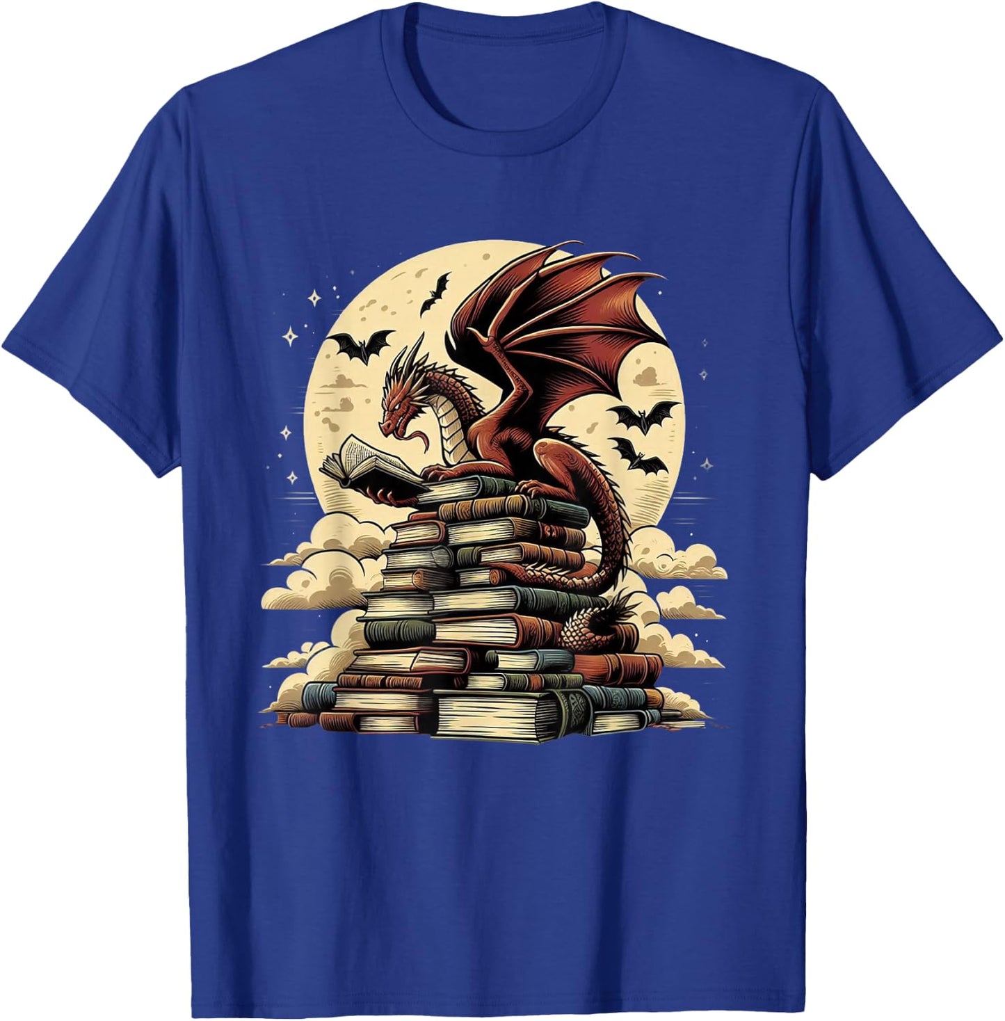 Dragon Reading a Book Dragons and Books Lover Bookworm T-Shirt - T-Shirt | Royal
