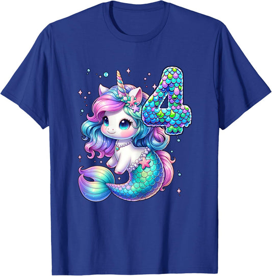 Unicorn Mermaid 4th Birthday 4 Year Old Party Girls Outfit T-Shirt - T-Shirt | Royal