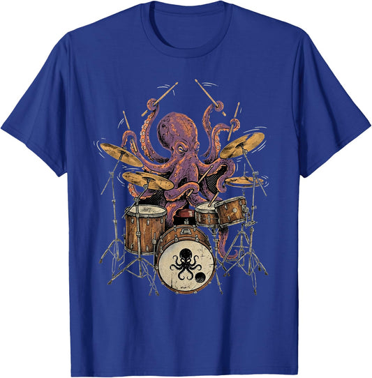 Octopus Playing Drums Heavy Metal Head Kraken Drummer T-Shirt - T-Shirt | Royal