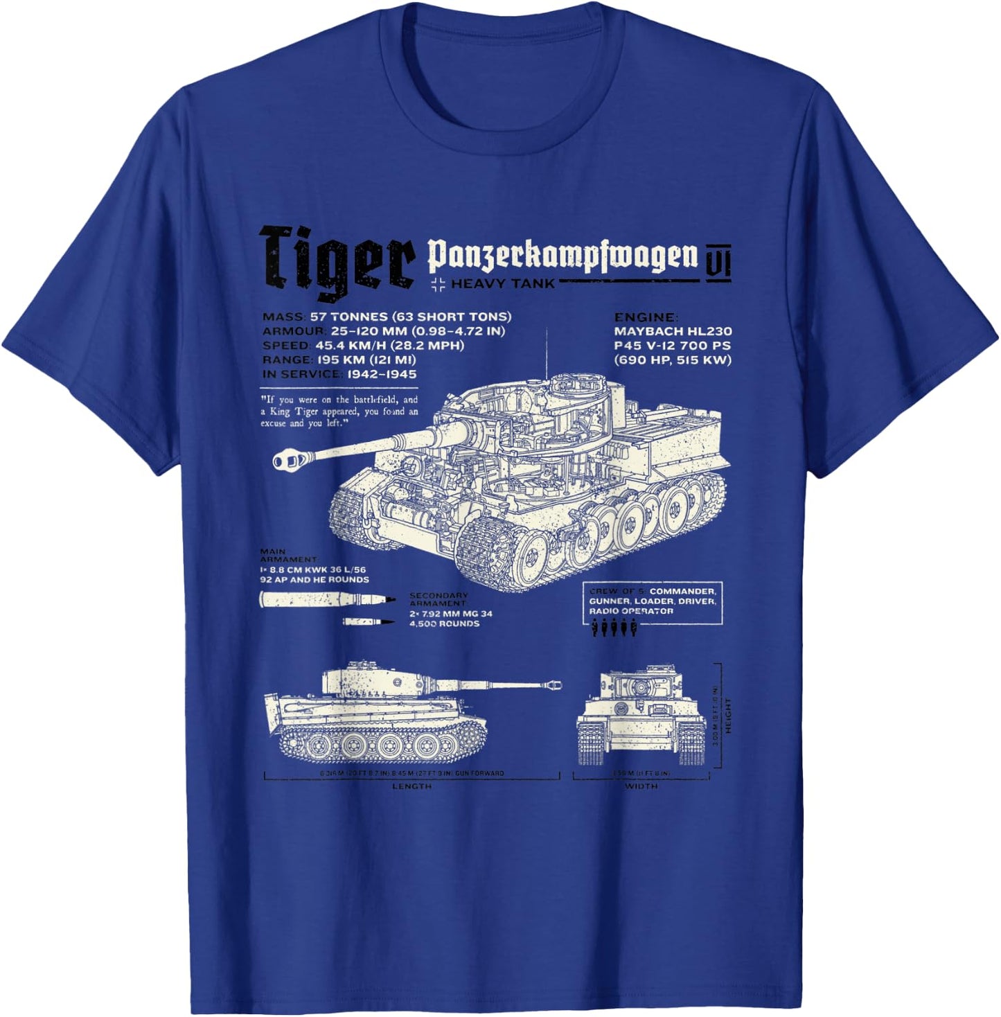 Tiger Tank Panzer World War 2 Blueprint T-Shirt - T-Shirt | Royal