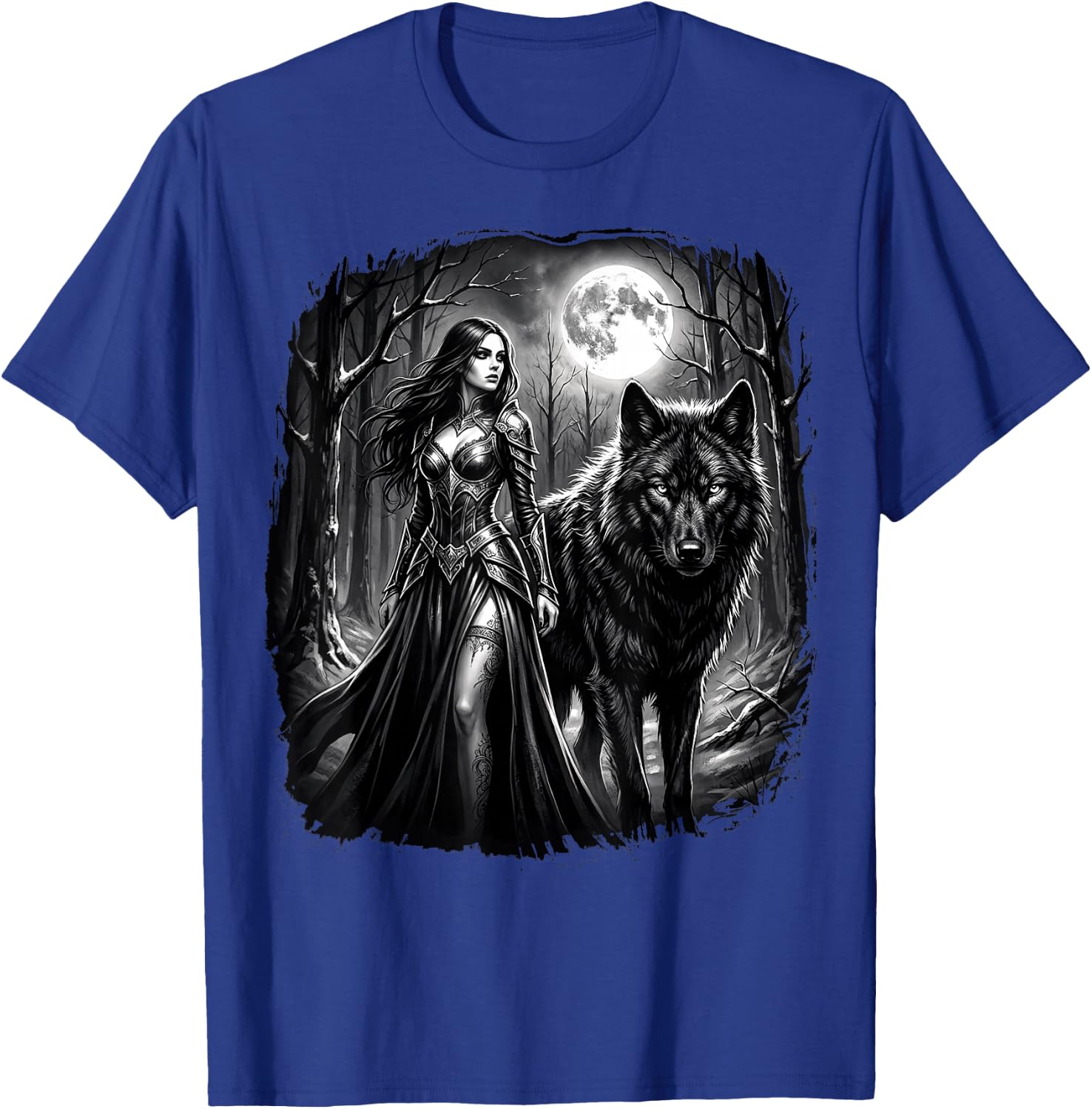 Fantasy Kriegerin Wolf Vollmond Gothic Motiv T-Shirt - T-Shirt | Royal