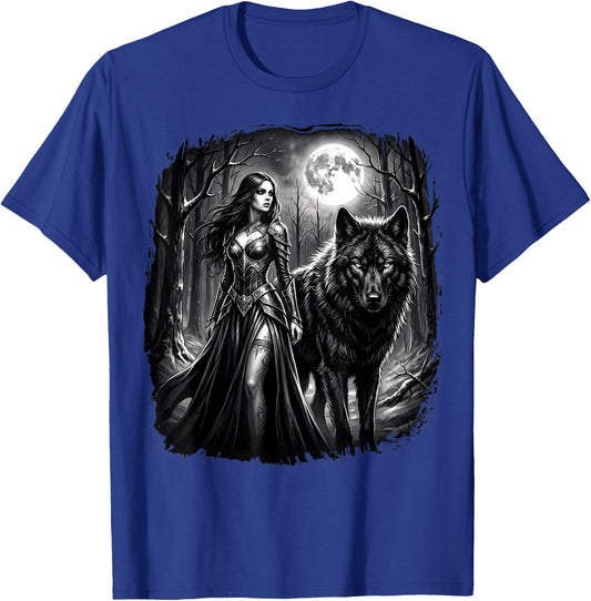 Fantasy Kriegerin Wolf Vollmond Gothic Motiv T-Shirt - T-Shirt | Royal
