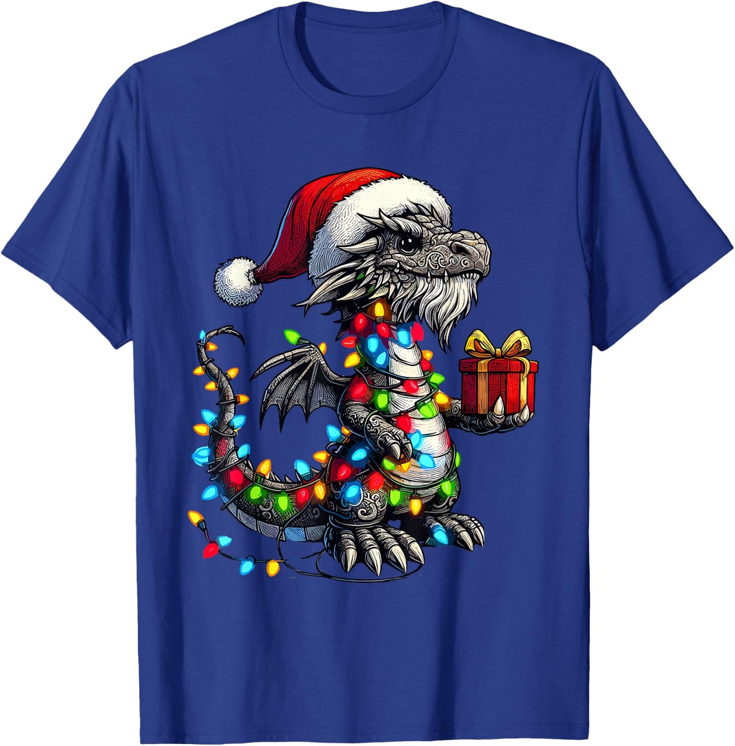 Dragon Wearing Santa Claus Hat Holding A Present Box Xmas T-Shirt - T-Shirt | Royal