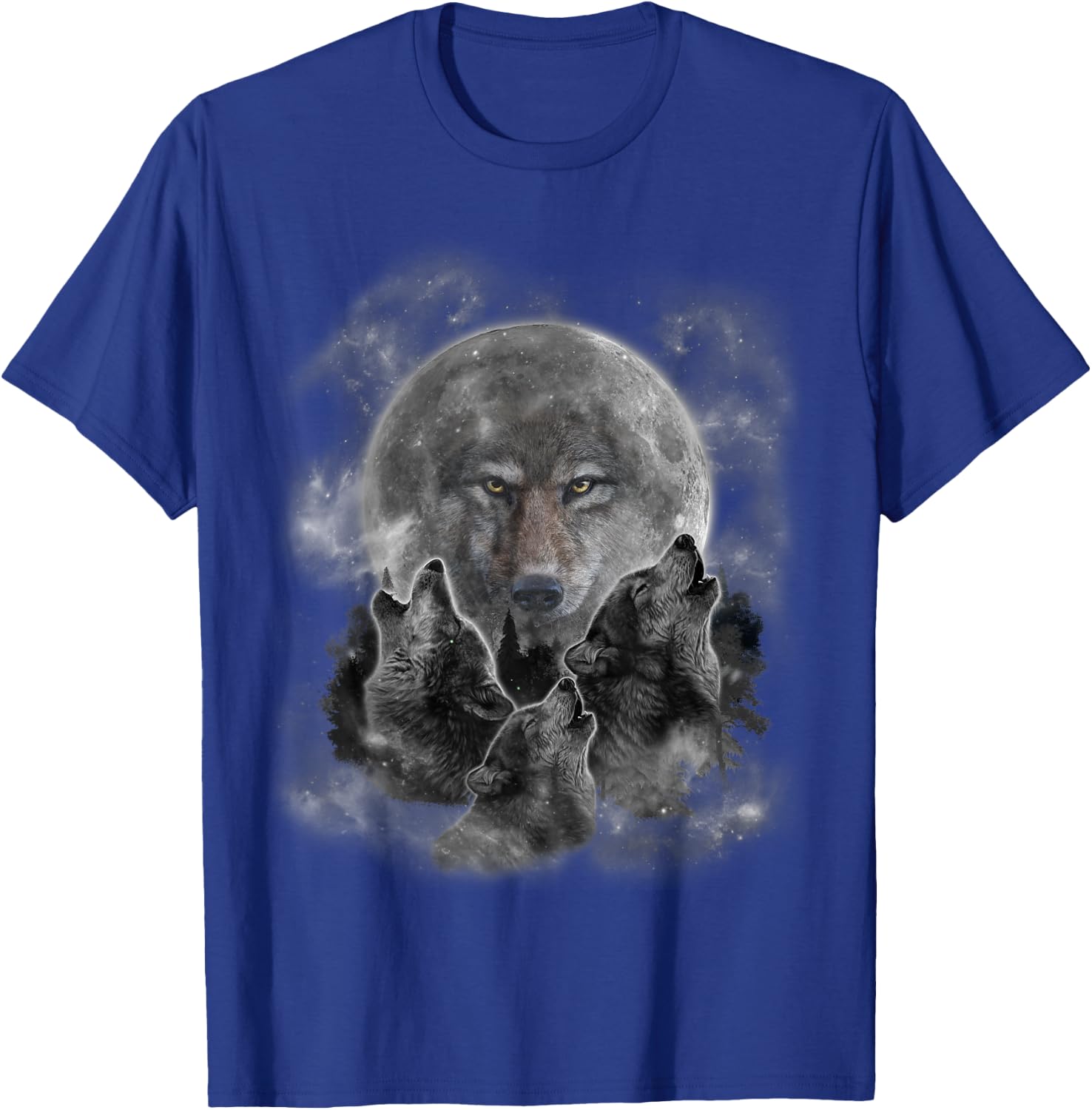 Three Wolves Howling, Full Moon w Wolf Silhouette T-Shirt - T-Shirt | Royal