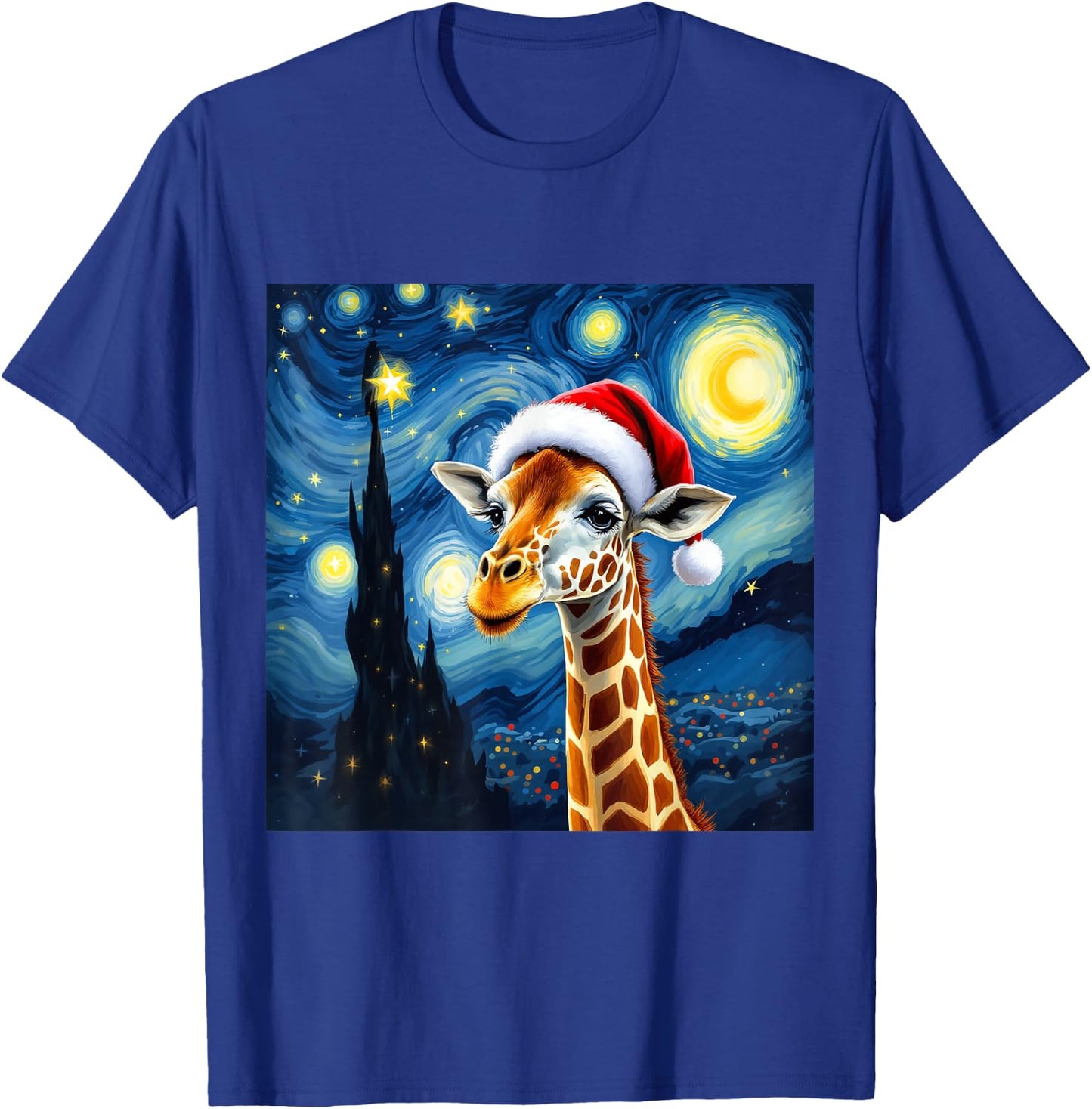 Christmas Giraffe Santa Hat Van Gogh Starry Night Holiday T-Shirt - T-Shirt | Royal