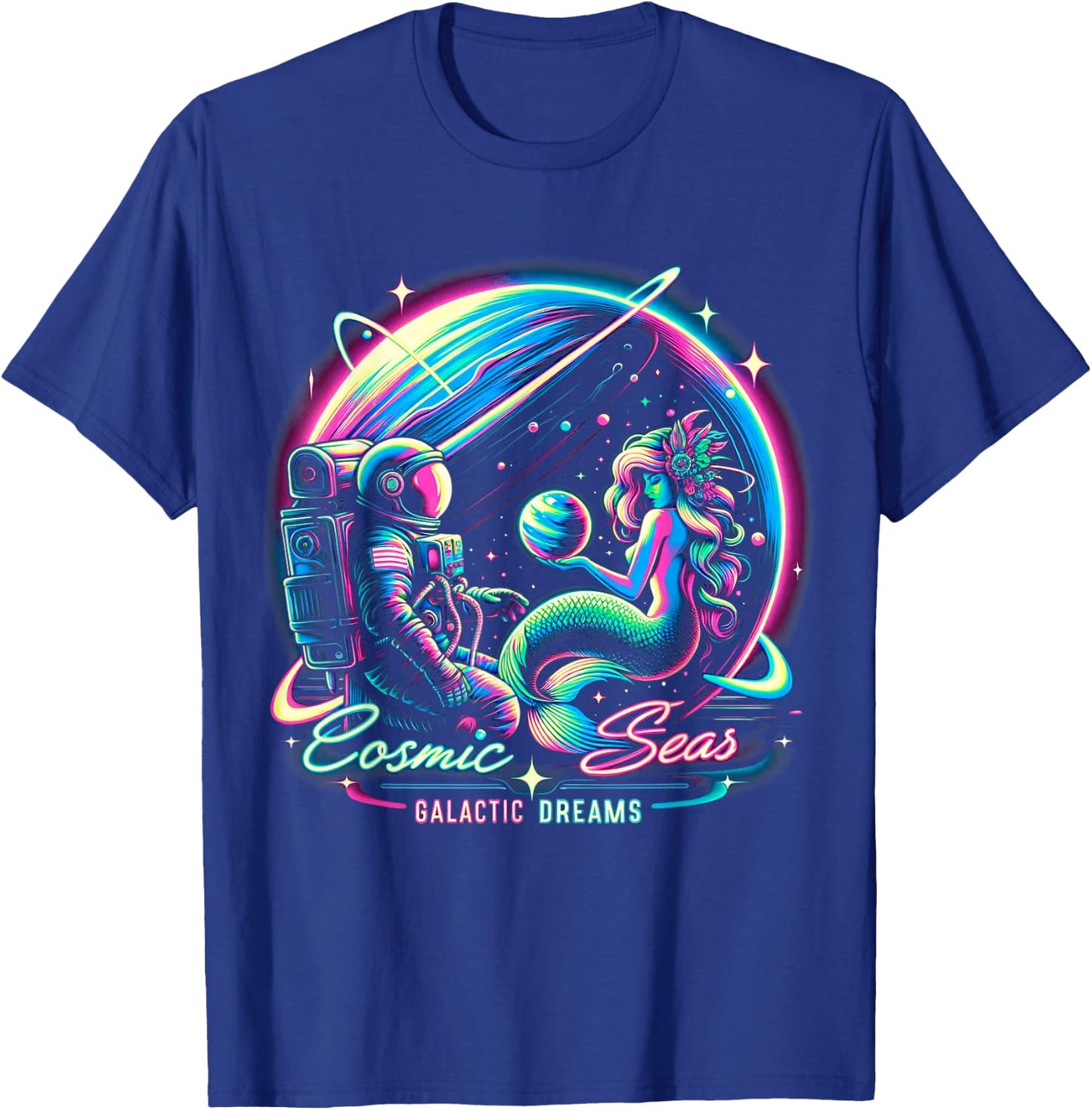 Cosmic Encounter - Astronaut Meets Space Mermaid Psychedelic T-Shirt - T-Shirt | Royal