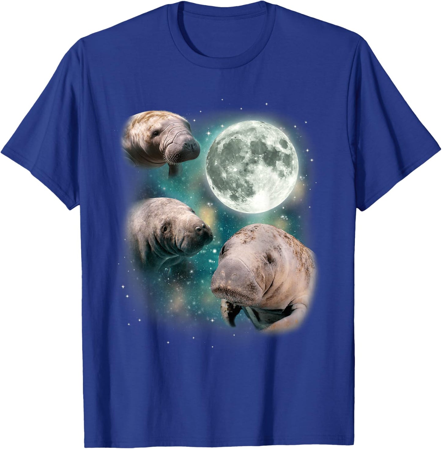 3 Manatee Moon | Three Funny Sea Cows Howl At Moon Manatee T-Shirt - T-Shirt | Royal