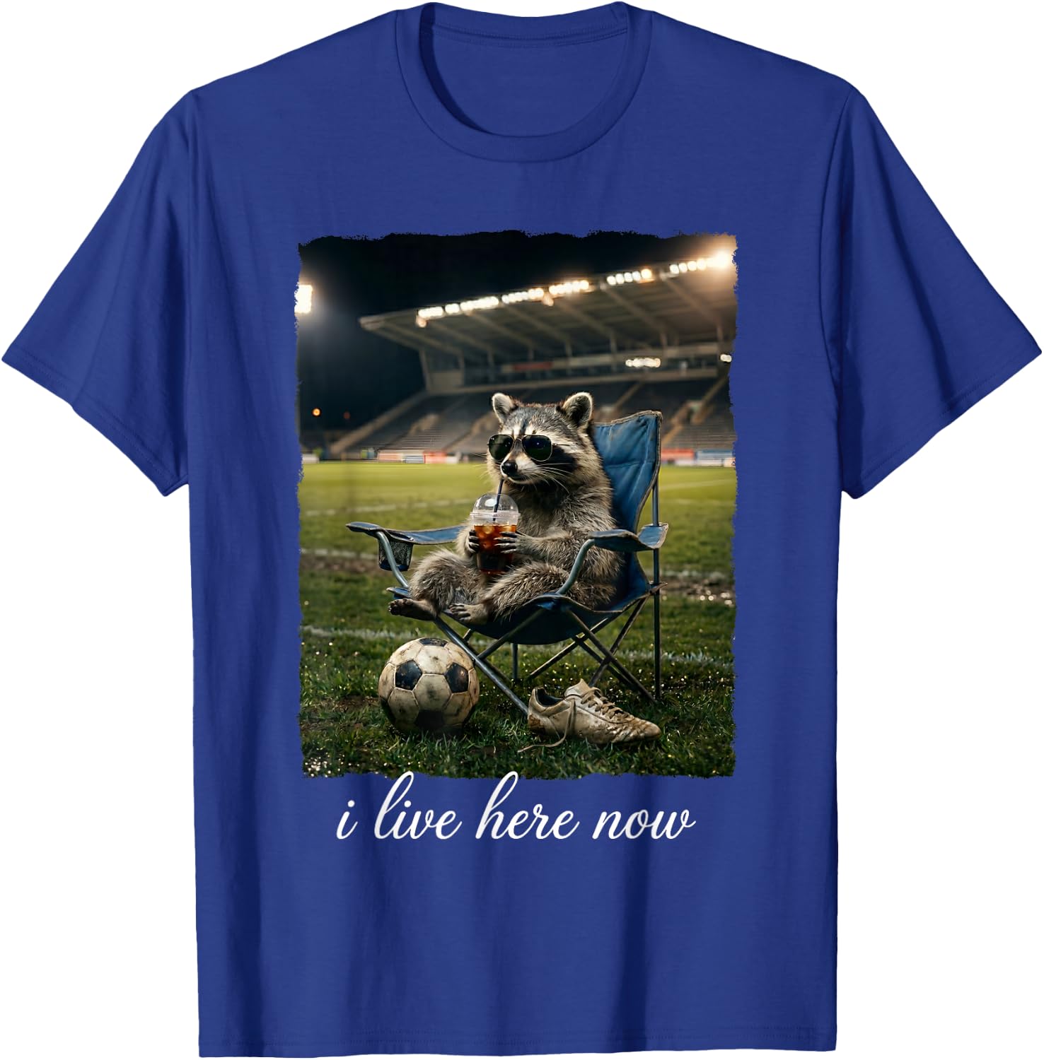 I Live Here Now Soccer Funny Raccoon Iced Coffee T-Shirt - T-Shirt | Royal