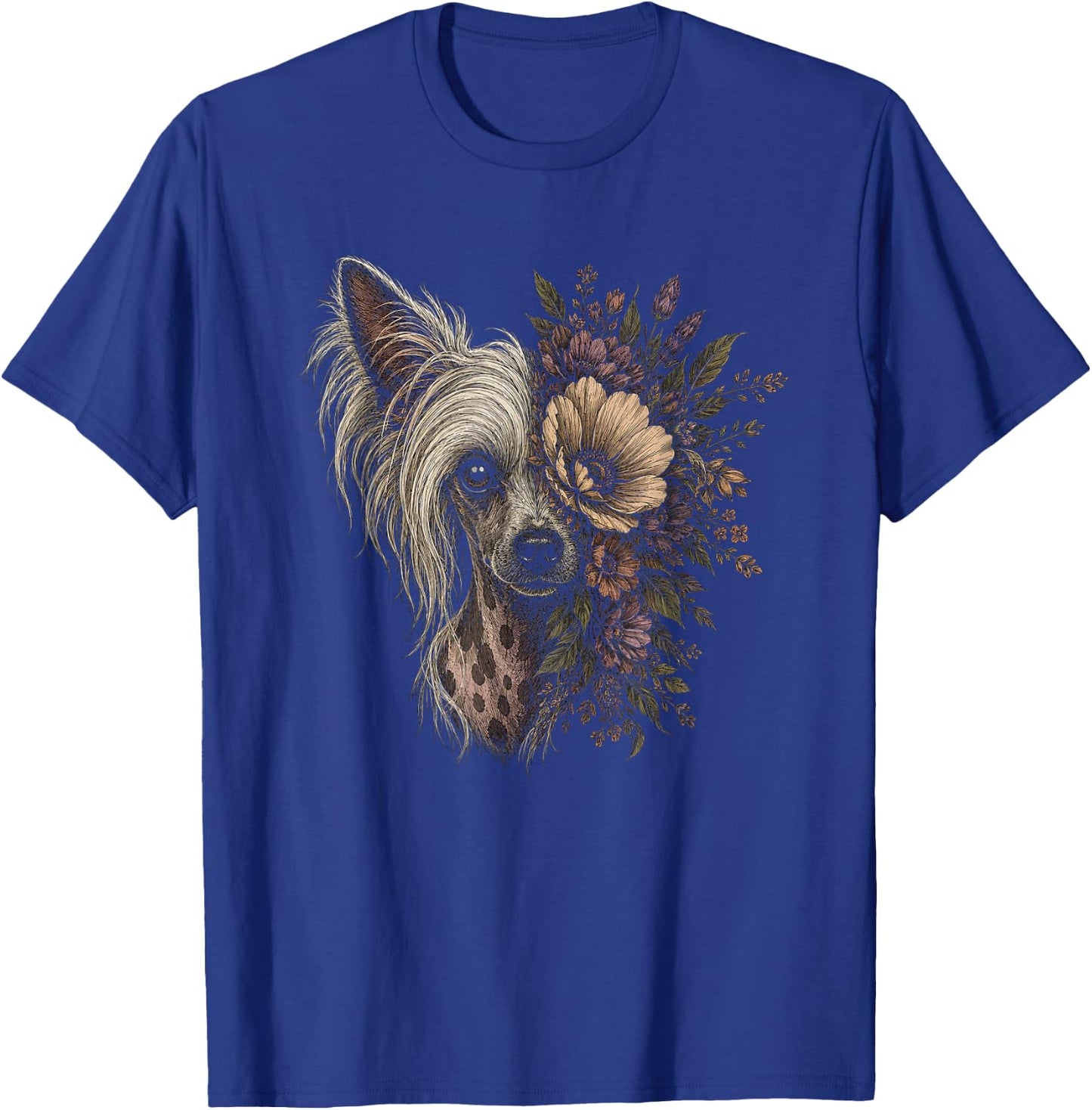 Floral Chinese Crested Dog Artwork Design T-Shirt - T-Shirt | Royal