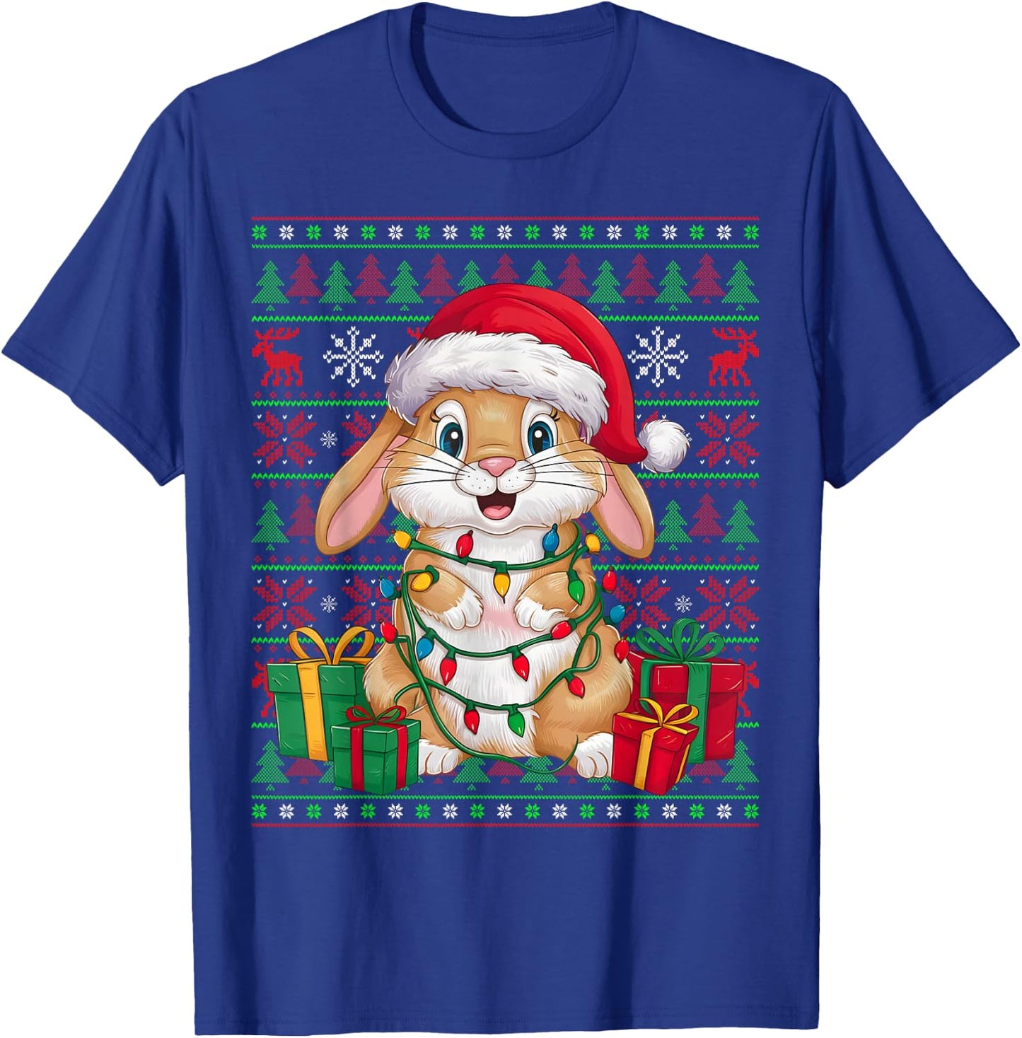 Rabbit Bunny Xmas Lights Ugly Santa Hat Bunny Christmas T-Shirt - T-Shirt | Royal