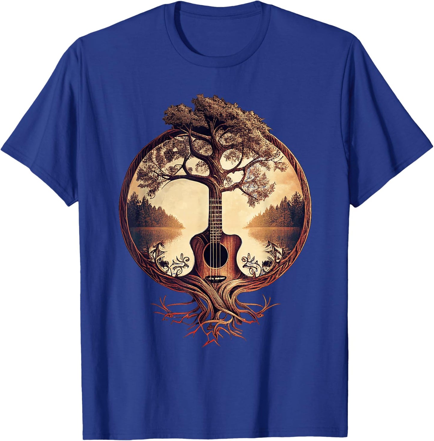 Acoustic Guitar Tree at the Edge of the Lake for Guitarist , Black, S T-Shirt - T-Shirt | Royal