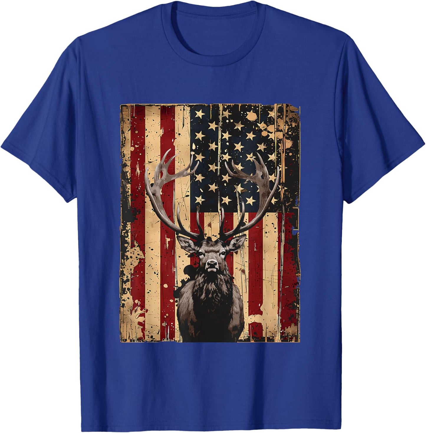 American Flag Outdoor Antlers Elk Deer T-Shirt - T-Shirt | Royal