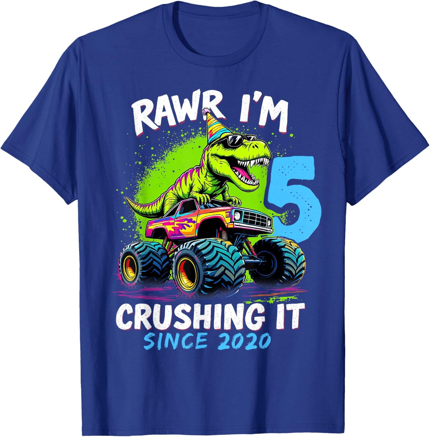 5th Birthday Monster Truck Dinosaur Party Boys Rawr I'm 5 T-Shirt - T-Shirt | Royal