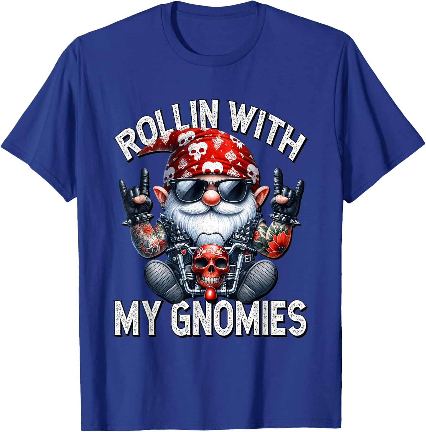 Funny Motorcycle Gnome For Biker Dad Rollin With My Gnomies T-Shirt - T-Shirt | Royal