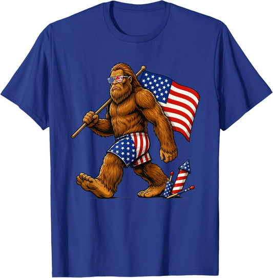 Bigfoot Sasquatch American Flag Fireworks Patriotic T-Shirt - T-Shirt | Royal