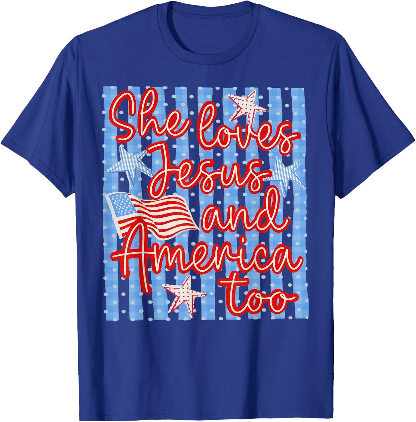 Retro Striped 4th of July She Loves Jesus and America Too T-Shirt - T-Shirt | Royal