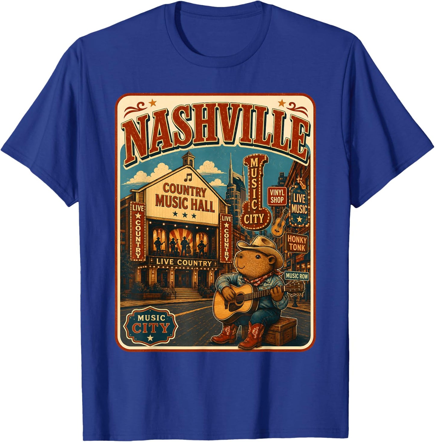 Nashville Capybara Travel Postcard Country Guitar T-Shirt - T-Shirt | Royal
