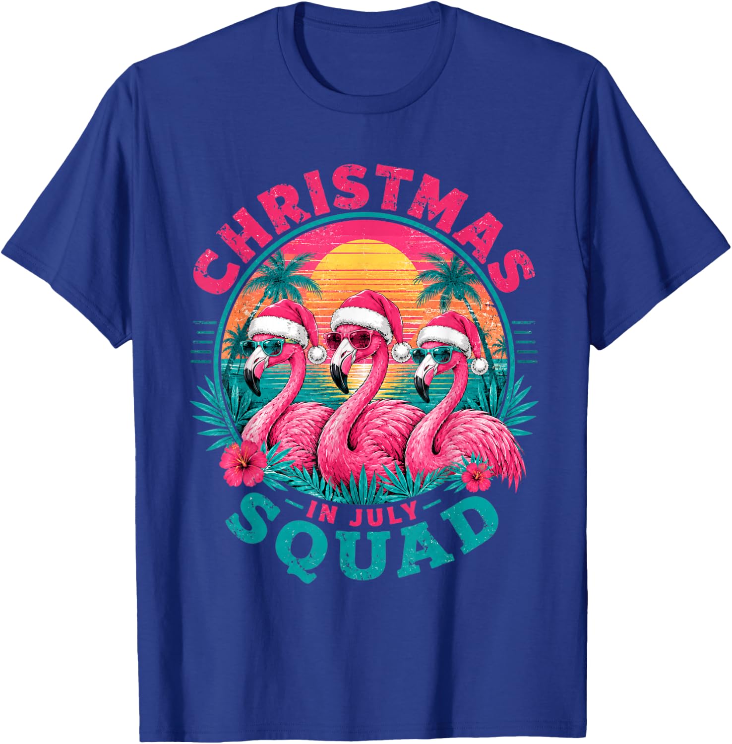 Christmas in July Flamingo Squad Beach Sunset T-Shirt - T-Shirt | Royal