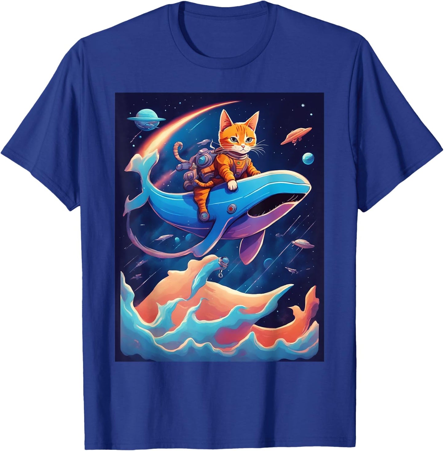 Cat Riding a Whale Fantasy Scene T-Shirt - T-Shirt | Royal