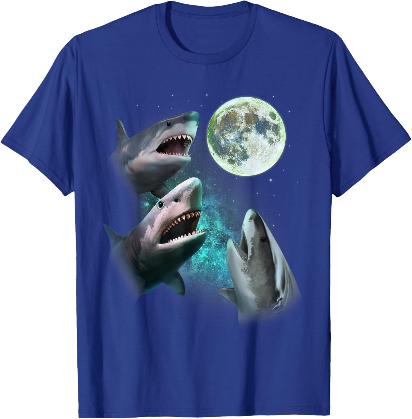 Three Great White Sharks Howl at Moon 3 Wolfs Funny Parody T-Shirt - T-Shirt | Royal