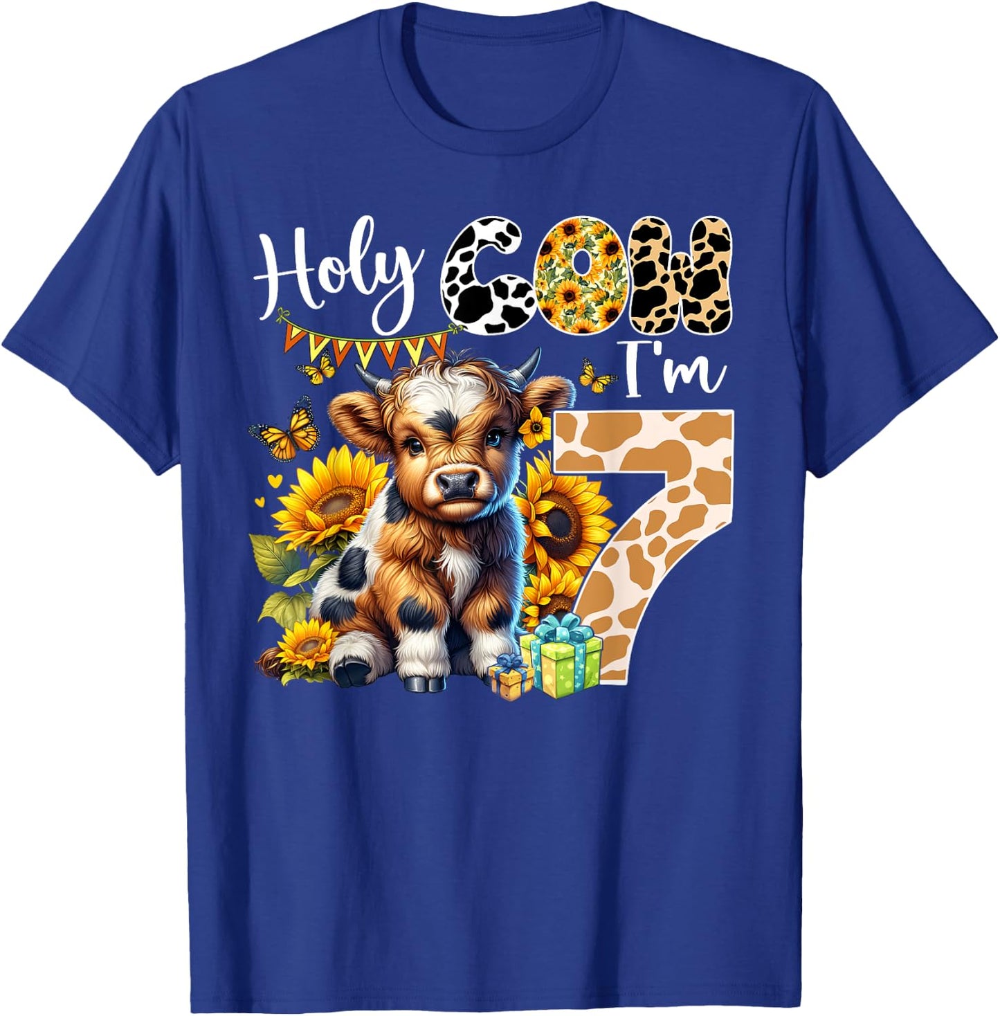 Holy Cow I’m 7 Years Old Dairy Cow Sunflowers 7th Birthday T-Shirt - T-Shirt | Royal