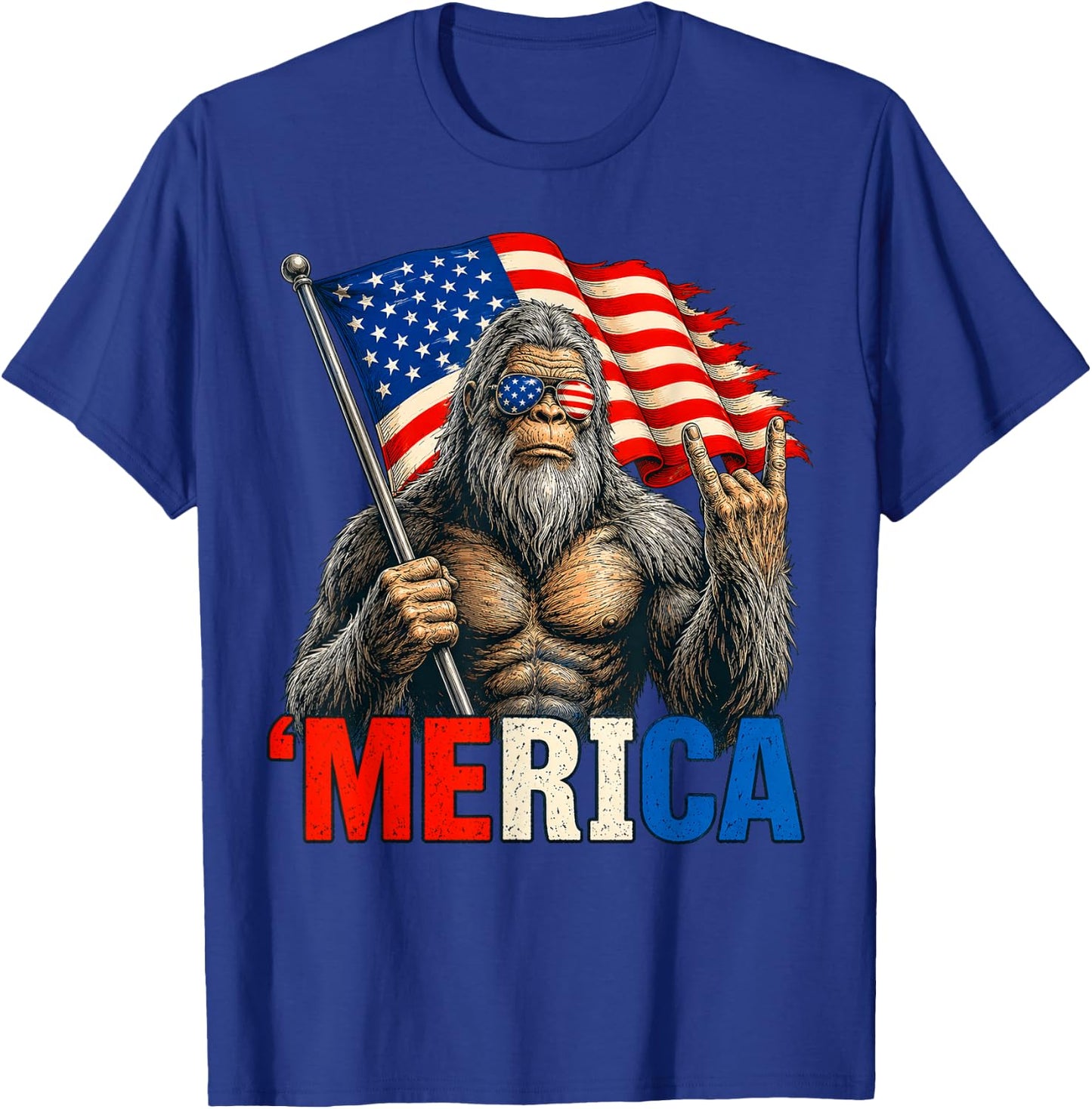 Bigfoot Merica Rock American Flag Patriotic 4th of July T-Shirt - T-Shirt | Royal