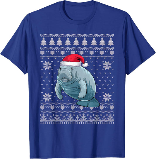 Funny Manatee Ugly Christmas Sweater Santa Xmas PJs T-Shirt - T-Shirt | Royal