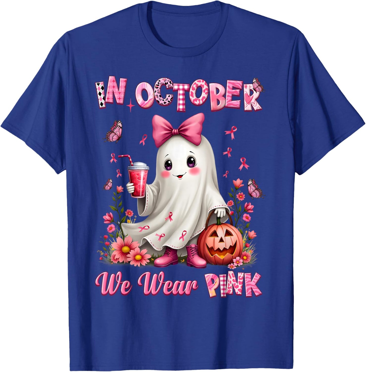 In October We Wear Pink Ghost Breast Cancer Awareness T-Shirt - T-Shirt | Royal