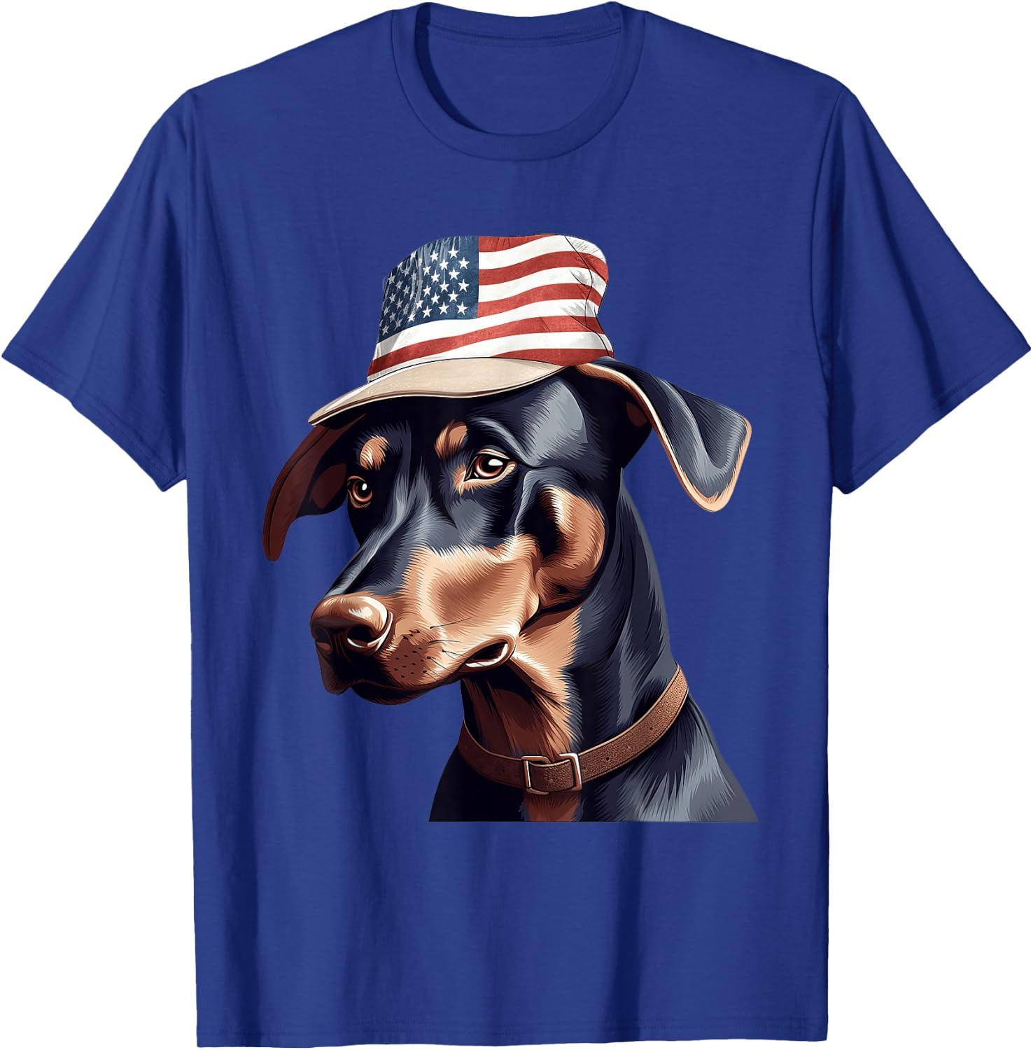 Doberman Pinscher with USA Flag Independence Day 4th of July T-Shirt - T-Shirt | Royal