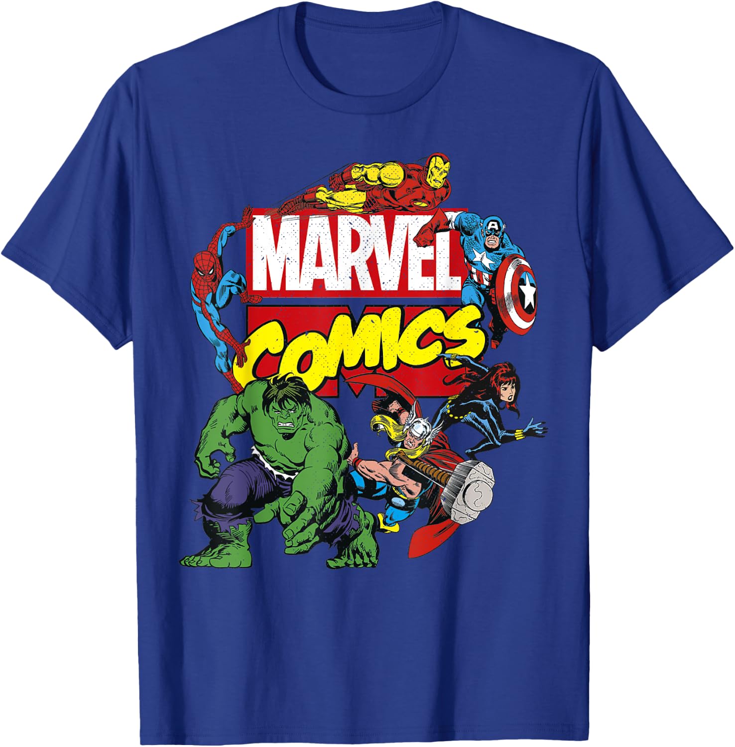 Marvel Comics Avengers Group Shot Around Logo Poster T-Shirt - T-Shirt | Royal