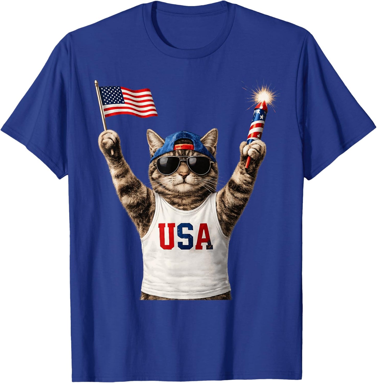 Funny Patriotic Cat USA Flag Fireworks America 250 T-Shirt - T-Shirt | Royal