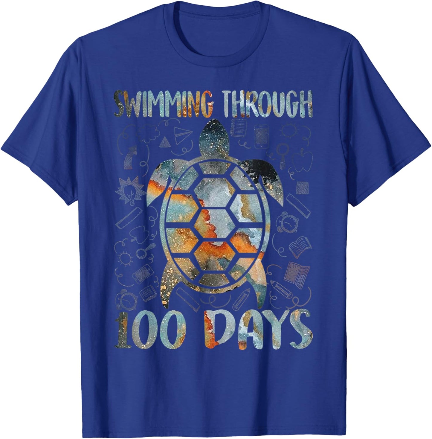 Turtle Sea Swimming Through 100 Days Of School Teacher Men Women Kids T-Shirt - T-Shirt | Royal