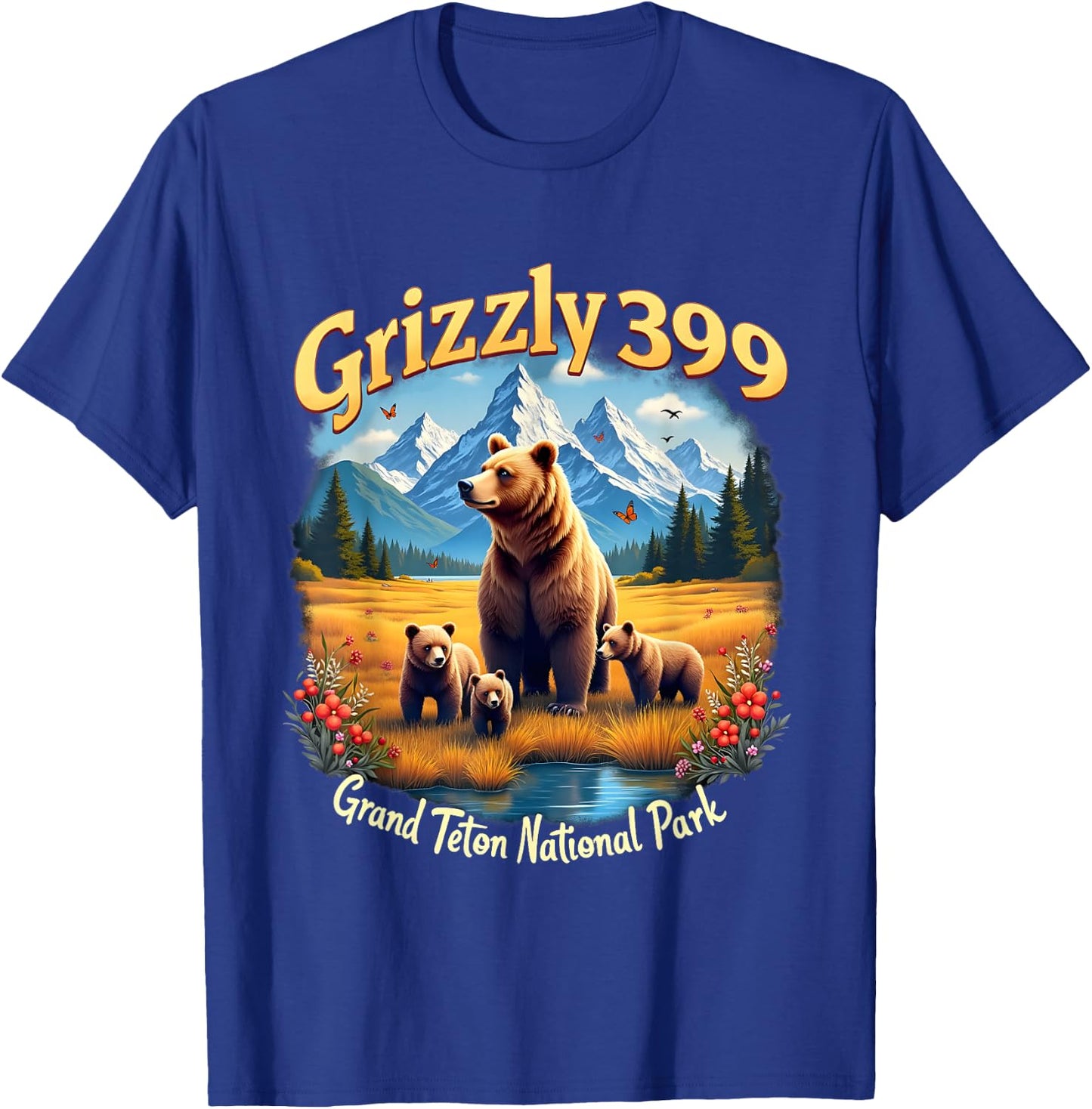 Retro Bear Grizzly 399 Wild & Free Grand Teton National Park T-Shirt - T-Shirt | Royal