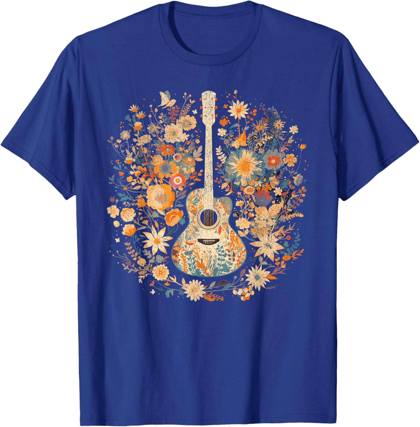 Acoustic Guitar American Folk Music Flowers Nature Country , Black, S T-Shirt - T-Shirt | Royal