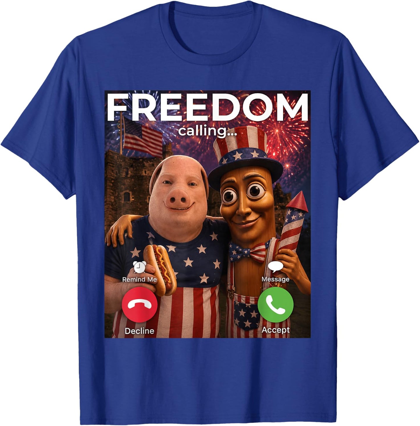 John Pork Tung Sahur Freedom Calling Meme Fireworks July 4th T-Shirt - T-Shirt | Royal