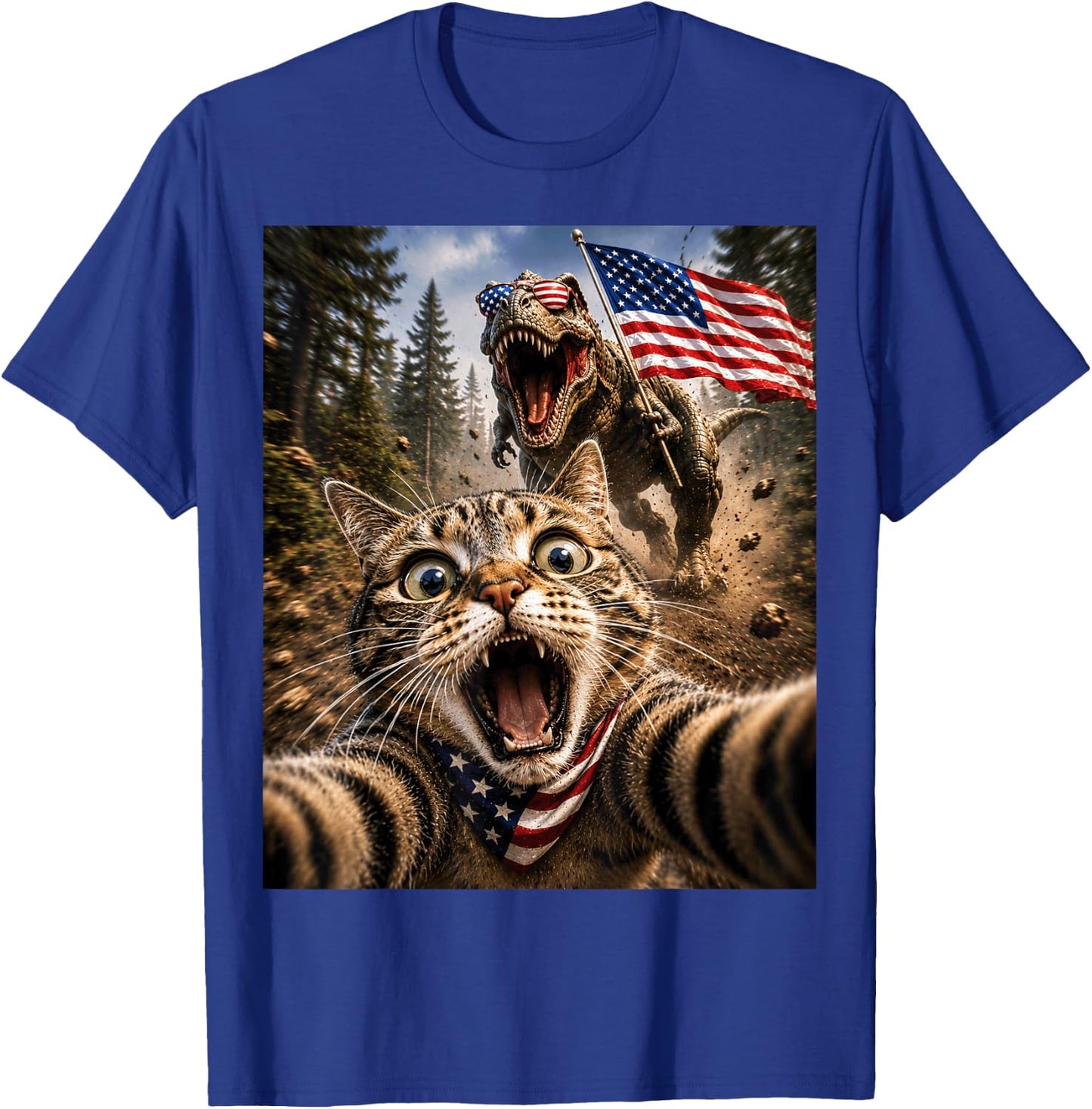 Patriotic TRex Cat Dinosaur Fourth of July Funny 4th of July T-Shirt - T-Shirt | Royal