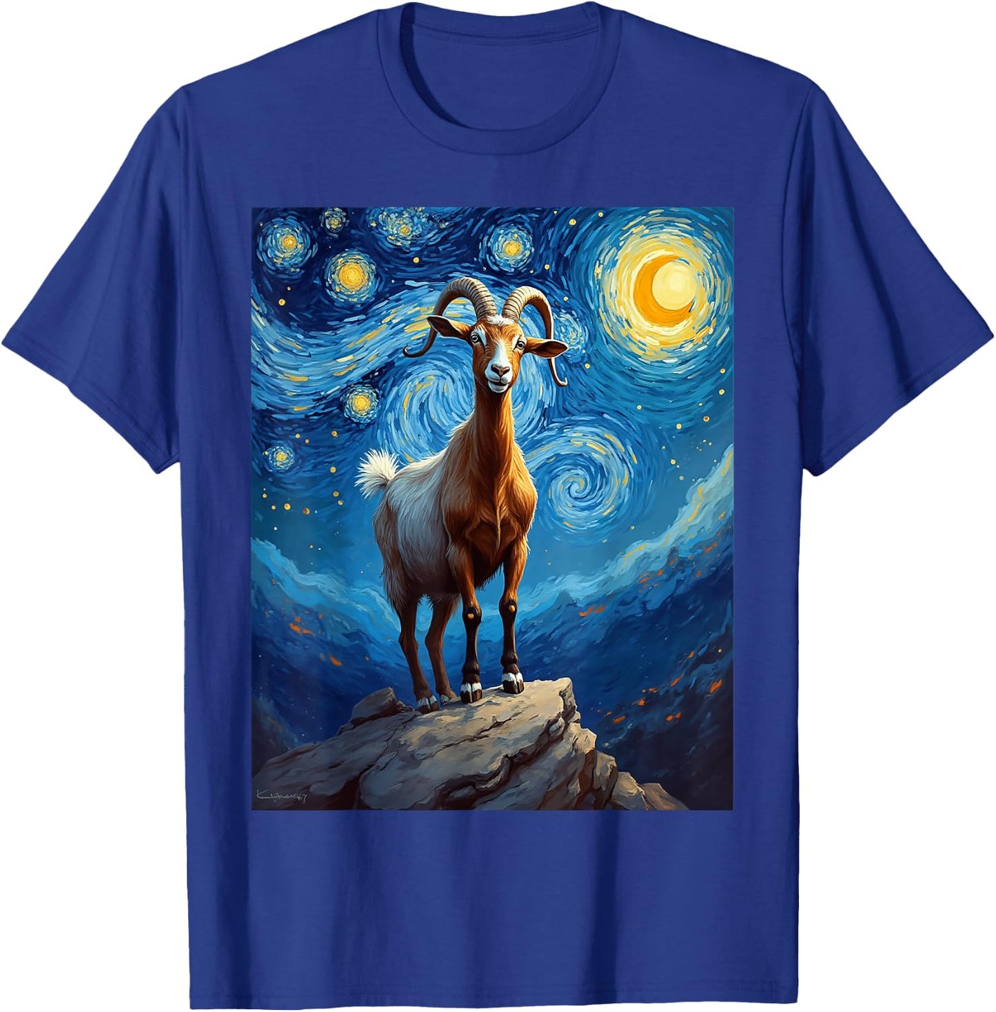 Van Gogh's Starry Night Goat Billy Nanny Animal Lovers T-Shirt - T-Shirt | Royal
