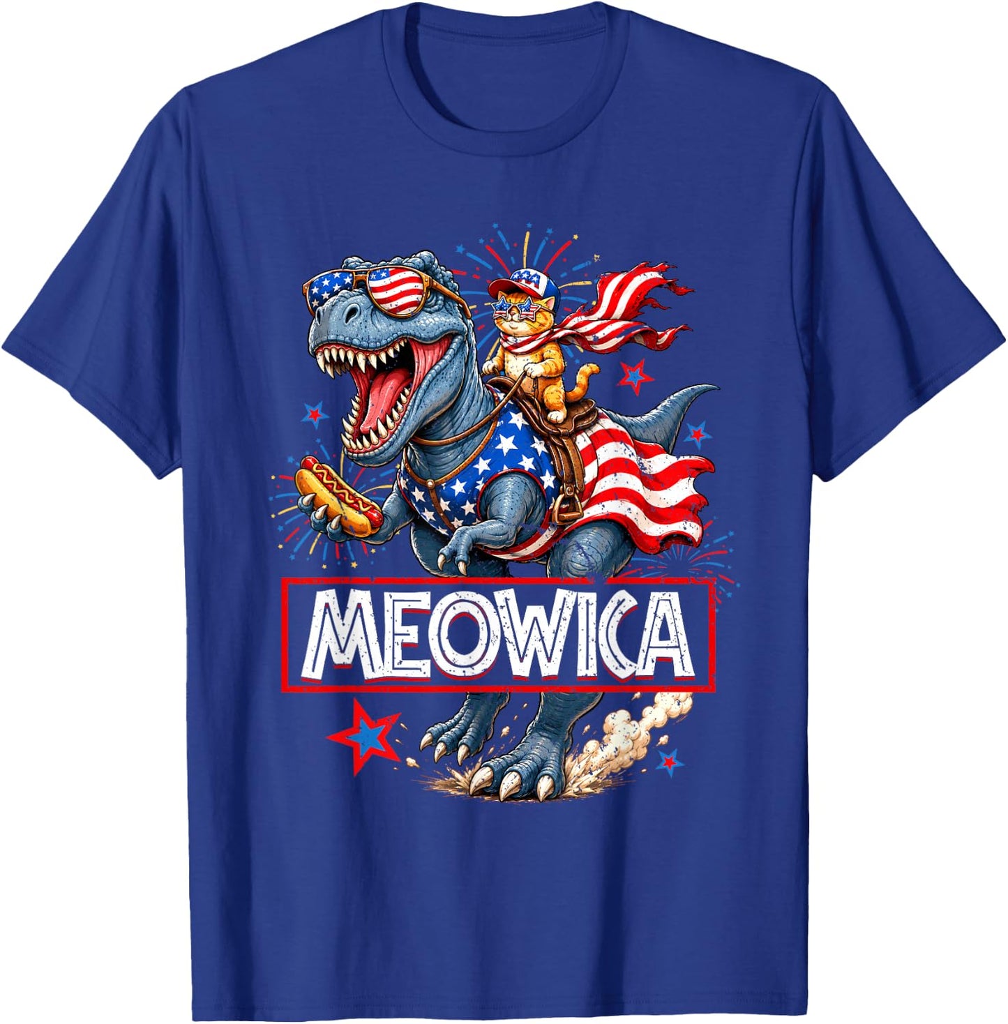 Meowica Cat Dinosaur TRex 4th of July Patriotic Toddler Boys T-Shirt - T-Shirt | Royal